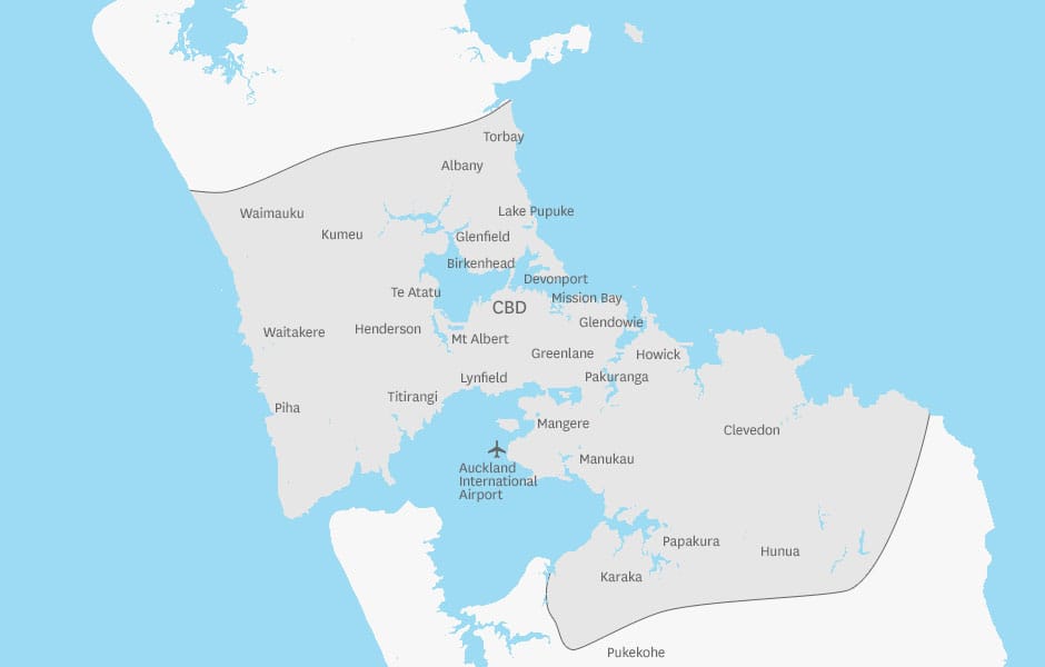 Auckland towing service area map showing coverage areas